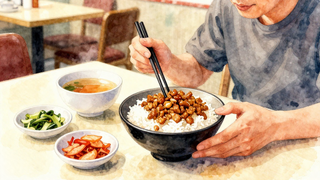A soft watercolor illustration with gentle colors and artistic touches, professional yet approachable style with organic hand-painted feel. Transparent layers with natural color bleeding and soft edges, delicate texture and fluid brushstrokes, warm and inviting aesthetic with paper texture. Medium-close shot of a Taiwanese restaurant table seen from a slightly elevated angle. Center of the frame is a bowl of golden-brown minced pork over white rice,滷肉與白飯比例自然，旁邊擺著一碗熱湯和幾樣簡單小菜，顏色豐富但不誇張。畫面左側有一雙筷子整齊放在筷架上，右側可見一位成年男性的上半身與雙手，他正在自然地拿起筷子準備夾起滷肉飯，一手扶著碗，動作合乎現實比例與邏輯。背景是店內桌椅與略糊的牆面色塊，看不清文字與商標。整體用柔和暖光，強調食物的溫度與香氣感，構圖平衡，人物約佔畫面 1/3，食物清晰、環境微微散焦。不要任何品牌 logo、不要可讀文字、不要水印。