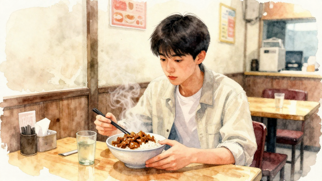 A soft watercolor illustration with gentle colors and artistic touches, professional yet approachable style with organic hand-painted feel. Transparent layers with natural color bleeding and soft edges, delicate texture and fluid brushstrokes, warm and inviting aesthetic with paper texture. Mid-evening scene in a small Taiwanese street-side eatery, interior view. A 19-year-old Taiwanese student sits alone at a simple wooden table, about one-third of the frame, wearing a casual T-shirt and light jacket,短髮、表情帶著一點羞澀又期待，正低頭看著剛端上來的一碗熱騰騰滷肉飯。碗中的滷肉帶著金棕色光澤，白飯冒著蒸氣，旁邊有一杯溫開水和一雙筷子自然放在桌上。牆上只有模糊色塊沒有可讀文字，也看不到任何品牌 logo。構圖為中景，鏡頭稍微高於桌面俯視，既看得到人物表情，也清楚看見桌面與環境。背景是略微模糊的店內座位與櫃台，店內光線溫暖偏黃，營造一種剛放學、肚子很餓卻被安慰到的氣氛。不要任何可辨識商標、不要可讀文字、不要水印。