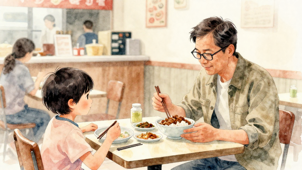 A soft watercolor illustration with gentle colors and artistic touches, professional yet approachable style with organic hand-painted feel. Transparent layers with natural color bleeding and soft edges, delicate texture and fluid brushstrokes, warm and inviting aesthetic with paper texture. Early evening in a modern but溫馨的台灣連鎖小吃店內景，中景或廣角構圖。畫面右側坐著一位約 45 歲的台灣中年男子，短髮、戴著簡單眼鏡，穿著襯衫配休閒外套，表情放鬆帶微笑，低頭看著桌上的一碗滷肉飯與幾樣簡單小菜，手中自然拿著筷子，準備夾起飯。畫面左側偏後方，有一個大約國小年紀的小孩側坐，同樣看著桌上的餐點，兩人視線自然交會在餐桌中央的食物上，呈現溫馨日常。背景可見其他模糊的用餐客人與櫃台輪廓，沒有可讀文字也沒有品牌標誌。色調偏暖，帶一點懷舊感，營造「時間流逝但味道還在」的氛圍。不要任何品牌 logo、不要可讀文字、不要水印。