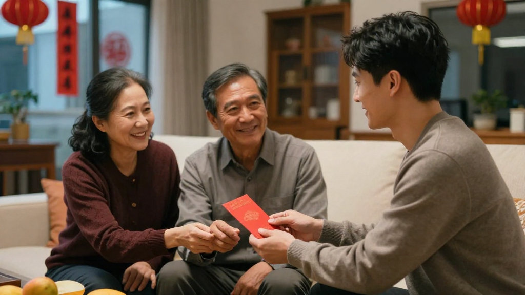 A high-quality, photorealistic photograph with natural lighting and authentic details. Professional photography style with depth of field and realistic textures. Film still quality with cinematic lighting, shot with a 35mm lens at f1.8 with soft shadows. Scene: A Taiwanese family living room decorated for Lunar New Year, evening time. Red lanterns and simple spring couplets without any readable text or logos. A middle-aged woman and a man in their 60s (the parents) sit on a sofa, while an adult son in his 30s stands slightly in front of them, naturally handing over a red envelope with both hands. The parents smile warmly, making eye contact with the son and the red envelope, showing a natural, heartwarming interaction. The envelope is held upright, realistic size, with no text or logo visible. Medium shot composition: characters occupy about half of the frame, environment (sofa, small table with fruits, background decorations) fills the rest, with gentle depth of field keeping faces in focus and background softly blurred. No watermarks, no brand logos, no readable text anywhere.