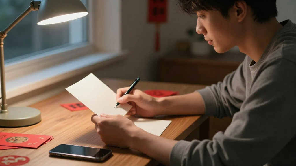 A high-quality, photorealistic photograph with natural lighting and authentic details. Professional photography style with depth of field and realistic textures. Film still quality with cinematic lighting, shot with a 35mm lens at f1.8 with soft shadows. Scene: Nighttime indoor setting at a wooden desk beside a window, soft warm light from a desk lamp. A young adult in their 20s sits at the desk, slightly angled to the side, holding an open, blank greeting card with both hands, clearly facing the person. A pen rests naturally near the card, and a smartphone lies flat nearby, screen off, realistic size. On the desk there are a few red envelopes and simple New Year decorations without any readable text or logos. Medium shot composition: upper body and desk occupy most of the frame, background softly blurred with hints of Lunar New Year decor. The person has a gentle, thoughtful expression, looking at the blank card as if thinking of blessings to write. No watermarks, no brand logos, no readable text.
