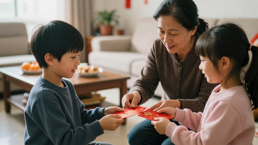 A high-quality, photorealistic photograph with natural lighting and authentic details. Professional photography style with depth of field and realistic textures. Film still quality with cinematic lighting, shot with a 35mm lens at f1.8 with soft shadows. Scene: Daytime in a cozy Taiwanese apartment living room during Lunar New Year. Simple red decorations without readable text or logos. An aunt in her early 30s kneels beside a primary-school-aged boy and a junior-high girl. The aunt is handing each child a red envelope with one hand, while the children naturally use both hands to receive them, looking at the envelopes with bright, happy expressions. Everyone is slightly turned toward each other, forming a small triangle composition. Medium-close shot, showing upper bodies and clear, natural hand positions with realistic-sized red envelopes. Background includes a coffee table with snacks and some oranges, softly blurred to keep focus on faces and interaction. No watermarks, no brand logos, no readable text.