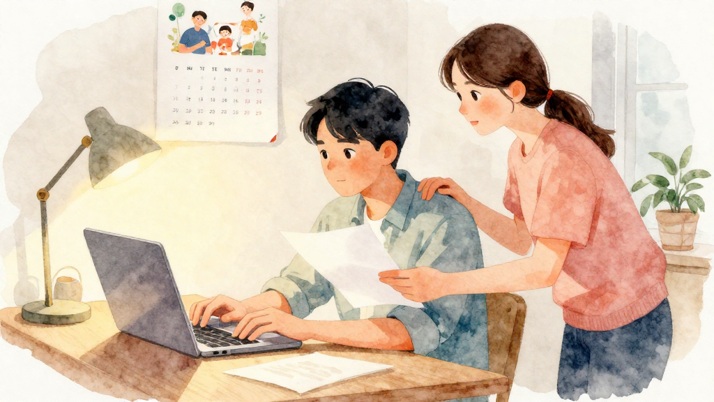A soft watercolor illustration with gentle colors and artistic touches. Professional yet approachable style with organic hand-painted feel. Transparent layers with natural color bleeding and soft edges. Delicate texture and fluid brushstrokes. Warm and inviting aesthetic with paper texture. Scene: 夜晚的家中書桌旁，採中景或廣角構圖，能看到完整場景與人物互動。先生坐在書桌前，打開一台螢幕大小比例真實的筆電，螢幕正面面向他與畫面左側，雙手自然放在鍵盤上，眼睛專注看著螢幕，像在規劃事業。太太站在他右側，身體微微前傾，一手輕放在先生肩膀上，另一手拿著一張沒有文字的紙，正面略微朝向先生，兩人視線在螢幕與紙張之間切換，表情是認真中帶著一點期待。背景牆上是簡單的日曆與插畫海報，但沒有任何可讀文字或 logo。桌邊地上有孩子的玩具籃，暗示他們是有小孩的家庭。整體光線溫暖柔和，桌燈在畫面一側形成光影對比，營造「一起面對未來計畫」的安穩氣氛。不要任何品牌 logo、不要可辨識商標、不要任何可讀文字、不要水印。