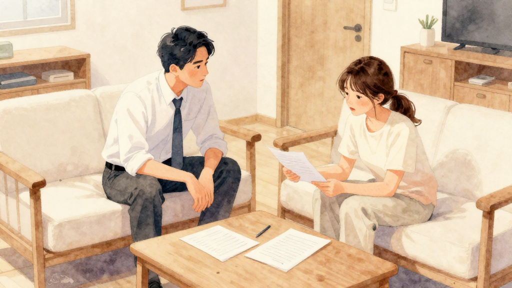 A soft watercolor illustration with gentle colors and artistic touches. Professional yet approachable style with organic hand-painted feel. Transparent layers with natural color bleeding and soft edges. Delicate texture and fluid brushstrokes. Warm and inviting aesthetic with paper texture. Scene: A modern Taiwanese apartment living room in the evening, warm indoor lighting, simple木質家具與淺色沙發。畫面中景構圖，夫妻坐在同一張沙發兩端，中間有一張小茶几，上面放著幾張沒有任何文字的白色文件與一支筆。先生穿著上班族襯衫與長褲，解下領帶，身體微微前傾，雙手自然放在膝上，表情專注溫和地看著太太。太太穿著居家服，頭髮隨意紮起，一手自然持握一張文件，正面朝向自己與先生，另一手比著紙張的一角，神情有點疲累但認真。兩人視線落在同一份文件上，彷彿在討論家庭分工與開銷。背景有玩具籃與收納櫃，暗示有小孩，但畫面中沒有小孩出現。視角略高於坐姿，約45度俯視，人物約佔畫面一半，環境佔另一半，畫面平衡。色調溫暖偏米白與淺棕，營造安靜討論、帶一點壓力但仍可對話的氛圍。不要任何品牌 logo、不要可辨識商標、不要任何可讀文字、不要水印。