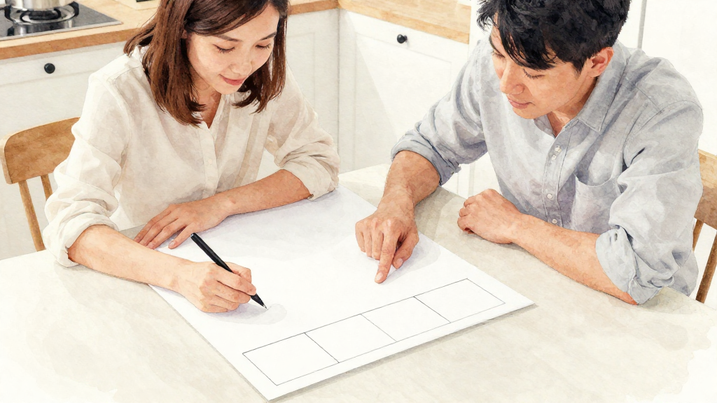 A soft watercolor illustration with gentle colors and artistic touches. Professional yet approachable style with organic hand-painted feel. Transparent layers with natural color bleeding and soft edges. Delicate texture and fluid brushstrokes. Warm and inviting aesthetic with paper texture. Scene: 室內餐桌上鋪著淺色桌布，中央放著一張手繪風格的空白比例表與一支筆，沒有任何可讀文字。畫面採中近景構圖，夫妻兩人坐在桌子兩側，上半身清楚可見。太太右手持筆，在比例表上方自然書寫，左手扶著紙張邊緣，紙張正面朝向她與先生。先生身體微微前傾，右手食指自然指向紙上的另一個區塊，視線同樣看著紙張，表情專注但放鬆。背景是台灣常見的開放式小廚房一角與收納櫃，色調簡潔。視角略高，從斜上方看下來，手機或電腦等物件不出現，以紙筆討論為主。色彩偏米白、淺灰與淡木色，營造一起思考、共同規劃的氛圍。不要任何品牌 logo、不要可辨識商標、不要任何可讀文字、不要水印。