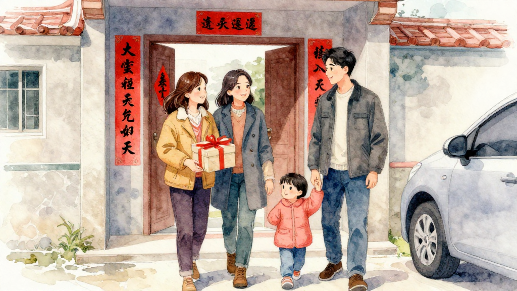 水彩風格插畫，呈現一對年輕夫妻帶著小孩回娘家的情景，背景是台灣透天厝門口，貼有紅色春聯但無可讀文字。畫面採中近景構圖：門前站著笑容和藹的父母迎接，他們自然面向從車旁走過來的女兒一家。女兒手中自然提著無品牌禮盒，先生一手牽著小孩，一家人視線相互交會、互動合理。地面略濕，呈現台灣冬季微涼氣氛。A soft watercolor illustration with gentle colors and artistic touches. Professional yet approachable style with organic hand-painted feel. Transparent layers with natural color bleeding and soft edges. Delicate texture and fluid brushstrokes. Warm and inviting aesthetic with paper texture. 構圖平衡，人物比例真實。