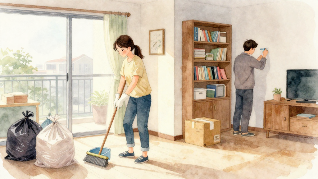 水彩風格插畫，描繪大年初五早晨台灣公寓室內的「破五」整理場景。構圖採中景：一位年輕女性戴著家用手套，雙手自然握著掃把與畚箕清掃地面，旁邊有分類好的垃圾袋與紙箱，比例真實無品牌標誌。一位男性在客廳另一側整理書架與小櫃子，兩人視線不交錯但專注各自工作，整體互動合理。窗外是冬日柔和天光。整體以溫暖卻略帶清爽的色調呈現，象徵煥然一新。A soft watercolor illustration with gentle colors and artistic touches. Professional yet approachable style with organic hand-painted feel. Transparent layers with natural color bleeding and soft edges. Delicate texture and fluid brushstrokes. Warm and inviting aesthetic with paper texture. 畫面平衡，空間與人物比例自然。