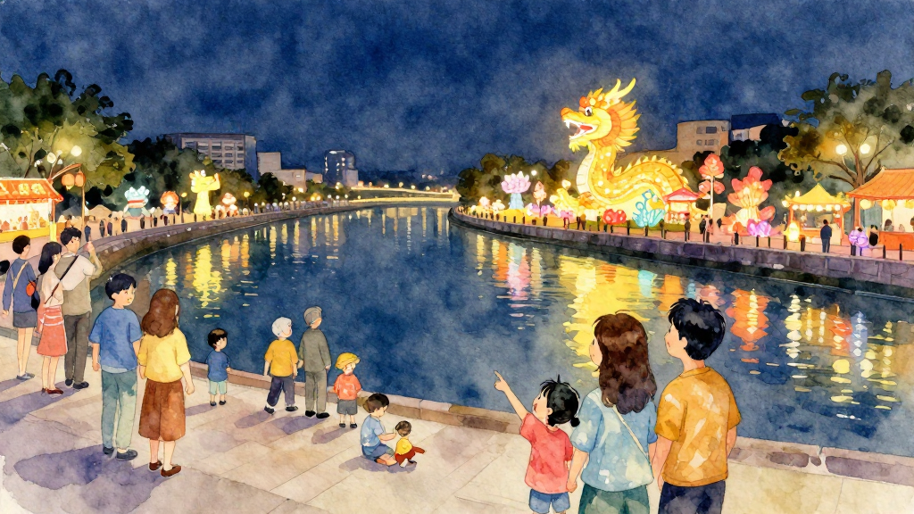 水彩風格插畫，現代台灣河畔燈會夜景，河面倒映成排花燈與主燈造型，兩側堤岸擠滿人群，有情侶、家庭與長者一起散步賞燈。畫面前景是一對父母與小孩，孩子指著遠方巨大的生肖主燈，眼神充滿驚喜，父母微笑看著。廣角中景構圖，人物約佔畫面一半，其餘呈現河畔燈光與攤位。色調以暖黃與靛藍為主，A soft watercolor illustration with gentle colors and artistic touches，柔和暈染，紙張紋理清晰，不出現任何可辨識文字或商標。