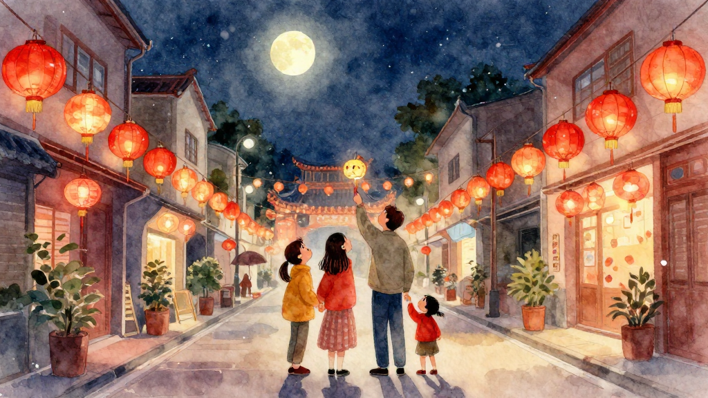 水彩風格插畫，夜晚的台灣小城街道，農曆正月寒冷但不下雨，天空一輪圓月高掛，街上懸掛紅色燈籠與各式花燈，遠處可見傳統廟宇屋簷與燈海。畫面中央是一家四口，父母陪著兩個小孩抬頭看月亮與燈籠，小孩手中各自拿著造型燈籠，表情專注又開心。中景構圖，人物約佔畫面三分之一，視角略微抬高，能同時看到人物與整條被燈光照亮的街道。整體以柔和暖色系為主，A soft watercolor illustration with gentle colors and artistic touches. Transparent layers, soft edges、紙張紋理與自然暈染，沒有任何文字或品牌標誌。