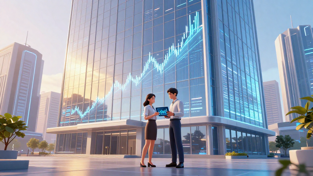 一張 3D 渲染風格的未來感城市金融街景，畫面中是一棟玻璃帷幕的高樓，外牆上以抽象的發光線條與圖示代表股價走勢與資料流動，沒有任何文字或真實品牌。前景是一位穿著商務休閒的亞洲女性與一位男性，站在大樓前的廣場上，一人手持平板顯示抽象圖表，兩人一同注視螢幕並自然討論，姿勢放鬆。構圖為中景偏廣角，可以看到人物全身與部分城市環境，遠處有幾棟帶有科技感的建築。光線採用黃昏金色與冷藍色混合，營造對未來 IPO 與成長想像的氛圍。A modern 3D rendered illustration with smooth surfaces and professional studio lighting. Clean, contemporary style with depth and dimension. Ray-traced lighting with ambient occlusion for realistic depth. Polished materials with subtle reflections. Sophisticated render quality with anti-aliasing and clean edges.
