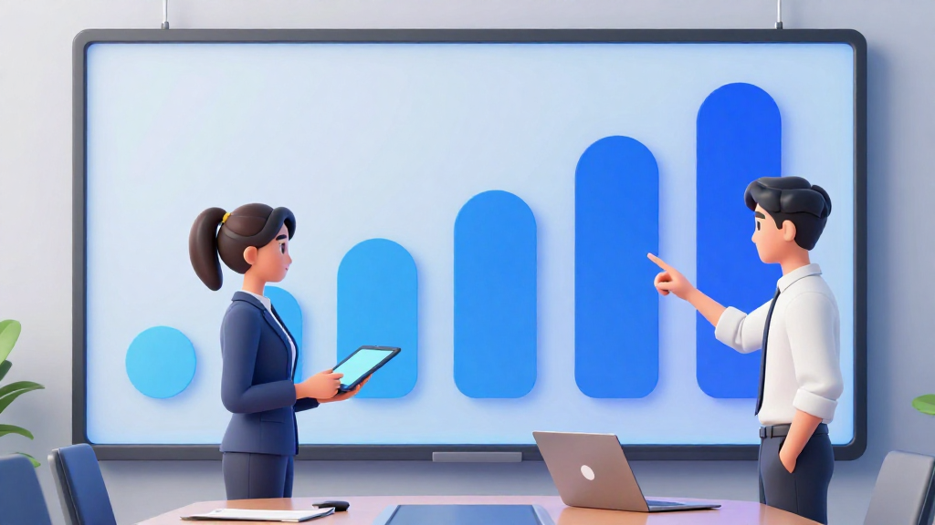 一張 3D 渲染風格的資訊圖場景，畫面中心是一塊大型透明數位看板，上面以色塊與圓形節點（不含文字）象徵不同融資輪：由左至右節點逐漸變大、顏色由淺藍到深藍，代表金額與估值提升。前景有兩位亞洲年輕專業人士站在看板前，一人手持數位平板，另一人指向看板上的節點，兩人視線交會在同一個節點位置，互動自然。場景為現代會議室，桌上擺有筆電與簡報遙控器，所有裝置螢幕朝向使用者，比例正常。構圖採中近景，約能看到人物上半身與看板全貌，光線為專業攝影棚打光，呈現清楚的立體感與反射。A modern 3D rendered illustration with smooth surfaces and professional studio lighting. Clean, contemporary style with depth and dimension. Ray-traced lighting with ambient occlusion for realistic depth. Polished materials with subtle reflections. Sophisticated render quality with anti-aliasing and clean edges.