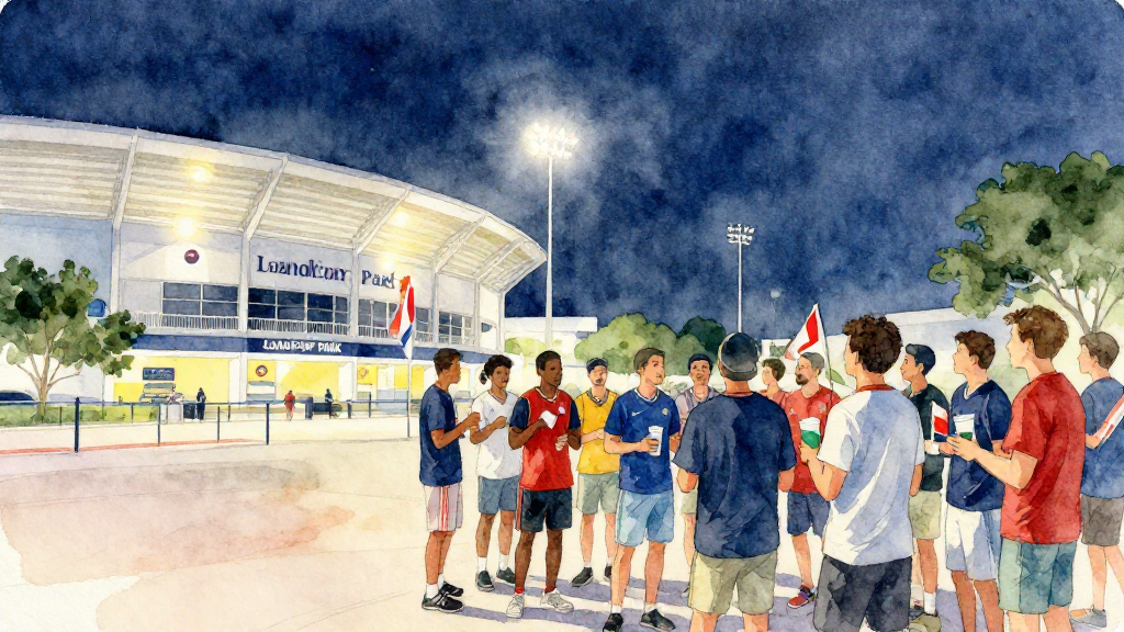 水彩風格中景插畫,場景設定在夜晚的邁阿密 loanDepot park 外圍廣場。畫面右側是一群來自不同國家的球迷站成半圓,穿著不同顏色無 logo 球衣,手中自然持有小國旗與飲料,彼此面向球場入口交談,表情期待。左側可見球場外牆與燈光,以抽象線條呈現建築輪廓,沒有文字與商標。視角略微仰視,球場燈光形成溫暖光暈,與夜空的深藍形成對比。A soft watercolor illustration with gentle colors and artistic touches,透明色層、柔和暈染、紙張紋理清楚,人物約佔畫面 1/3,球場與天空佔其餘空間,比例自然、畫面平衡。