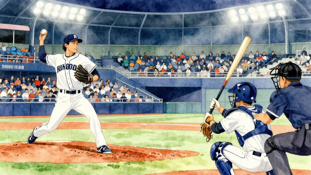 水彩風格中近景插畫,描繪東京巨蛋內一場 2026 世界棒球經典賽小組賽。畫面聚焦打席附近,上半身視角的一名日本投手與一名打者,投手穿著無 logo 白色球衣,準備投球,表情專注;打者則在打擊區,雙手握棒姿勢自然,捕手與主審在後方略微虛化。看台上可見模糊多色國旗與球迷身影,沒有可讀文字。A soft watercolor illustration with gentle colors and artistic touches,柔和球場燈光自上方灑落,在草皮與紅土上形成光影對比,透明色塊與自然暈染營造動態感。構圖讓投手與打者約佔畫面 1/3,背景環境完整呈現,比例真實、畫面平衡。