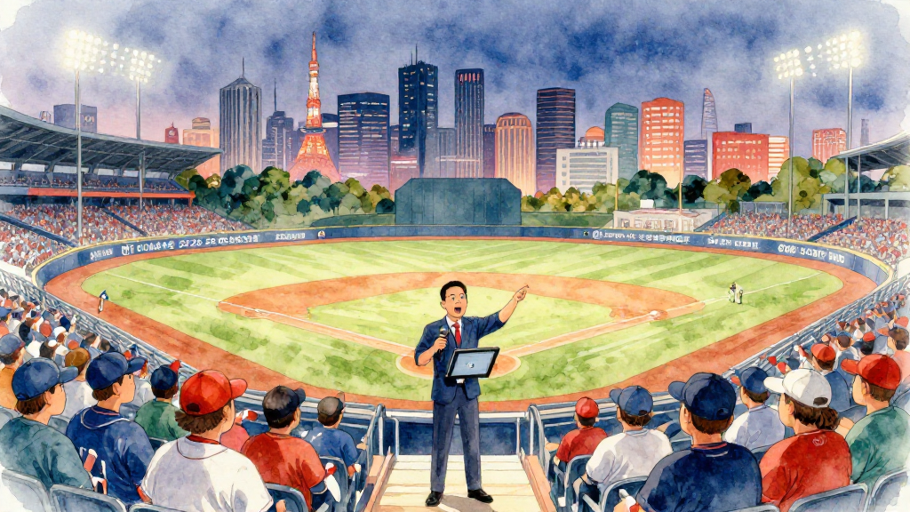 水彩風格插畫,描繪 2026 世界棒球經典賽開打的全球氛圍。場景為夜晚的國際城市天際線,遠處可見象徵東京、休士頓、聖胡安與邁阿密的抽象地標剪影,前景是一座現代棒球場俯視中景,球場座位以柔和色塊呈現,各國球迷穿著不同顏色球衣與帽子,高舉國旗但沒有任何可辨識 logo 或文字。畫面中央是一位解說員站在看台通道,手持麥克風與平板,平板螢幕正面朝向他,另一手自然指向遠方球場,表情專注而興奮。整體採用柔和暖色與冷色對比,A soft watercolor illustration with gentle colors and artistic touches,透明疊色與自然暈染,紙張質感明顯,構圖中景、人物與球場約佔畫面一半,維持真實比例與穩定視角。