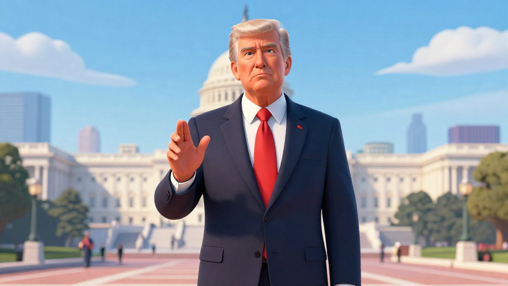 3D 渲染風格插畫,呈現一位中年至高齡白人男性政治領袖站在美國首都華盛頓的戶外廣場前景,背景可見模糊的國會大廈與城市天際線,無任何具體標誌。男子身穿深色西裝與紅色領帶,表情嚴肅中帶有自信,右手自然抬起作出強調論點的手勢,左手放在身側。畫面採中景構圖,人物約佔畫面一半,鏡頭略微仰視,營造權威與壓迫感。以 A modern 3D rendered illustration with smooth surfaces and professional studio lighting. Clean, contemporary style with depth and dimension. Ray-traced lighting with ambient occlusion for realistic depth. Polished materials with subtle reflections. Sophisticated render quality with anti-aliasing and clean edges. 整體色調以藍、紅與中性色為主,營造競選演說的緊張氛圍,不出現任何品牌 logo、文字或可辨識商標。