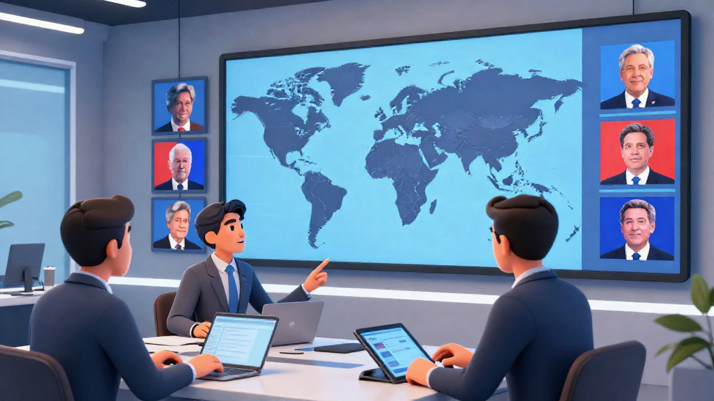 3D 渲染風格插畫,國際新聞風格場景,多台大型螢幕懸掛在現代化新聞編輯室牆面,螢幕上以抽象方式顯示世界地圖與多國領袖側影輪廓,無任何具體臉孔或文字。前景三位來自不同族裔的男女編輯坐在桌前,一人操作筆電、一人手持數位平板、一人指向牆上的螢幕,三人視線集中在同一畫面,互相討論。裝置比例真實,螢幕正向人物,手指自然觸碰螢幕或鍵盤。構圖採中景與稍廣角,人物約佔畫面一半,背景則呈現開放式辦公空間。整體使用 A modern 3D rendered illustration with smooth surfaces and professional studio lighting. Clean, contemporary style with depth and dimension. Ray-traced lighting with ambient occlusion,色調以冷藍與中性灰搭配少量亮紅,營造全球政治議題被分析與整理的理性氛圍,不出現任何品牌 logo、文字或浮水印。