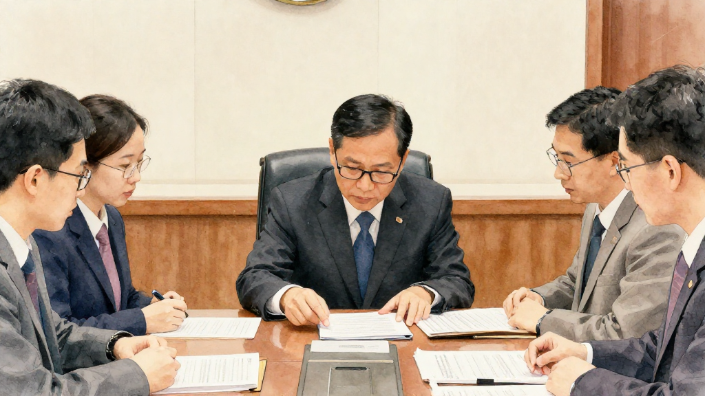 水彩風格插畫，中近景構圖，場景為台南市政府會議室內部，一張長桌上擺著無字的文件與簡報資料，牆面僅有抽象圖案無任何文字。畫面中央是一位中年男性市長模樣人物坐在桌邊，微微前傾，專注看著桌上的文件沒有戴眼鏡，右手自然指向資料，左手扶住紙張；周圍有數位市府同仁圍坐，側身看向同一份資料，表情認真討論。整體以柔和暖色系與透明水彩暈染呈現，光線自天花板均勻灑下，強調理性決策與團隊合作，不出現任何品牌與可讀文字。