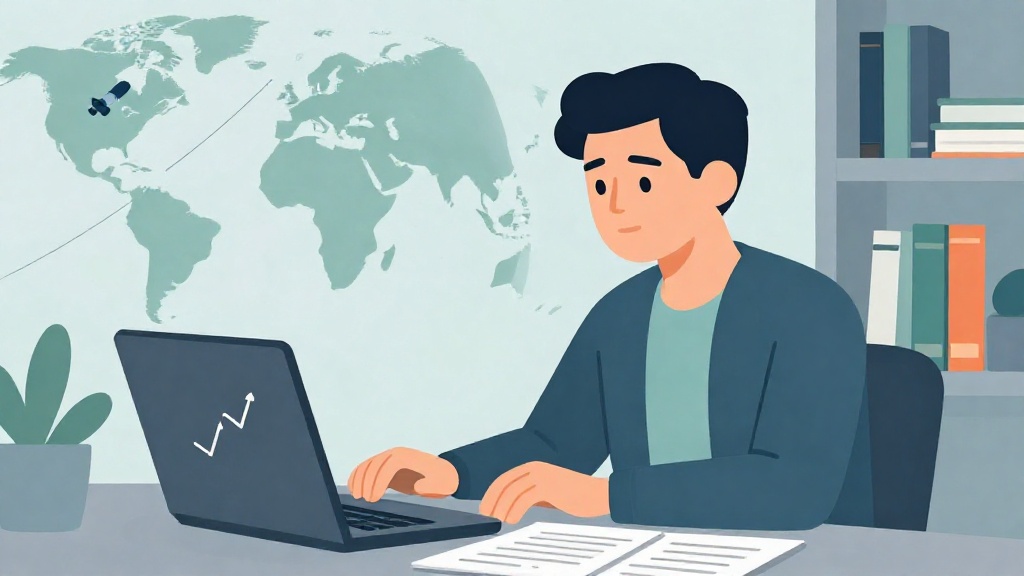 插畫展示投資人以筆電檢視低軌衛星投資優勢與風險清單，背景有象徵上漲與下跌的圖表。