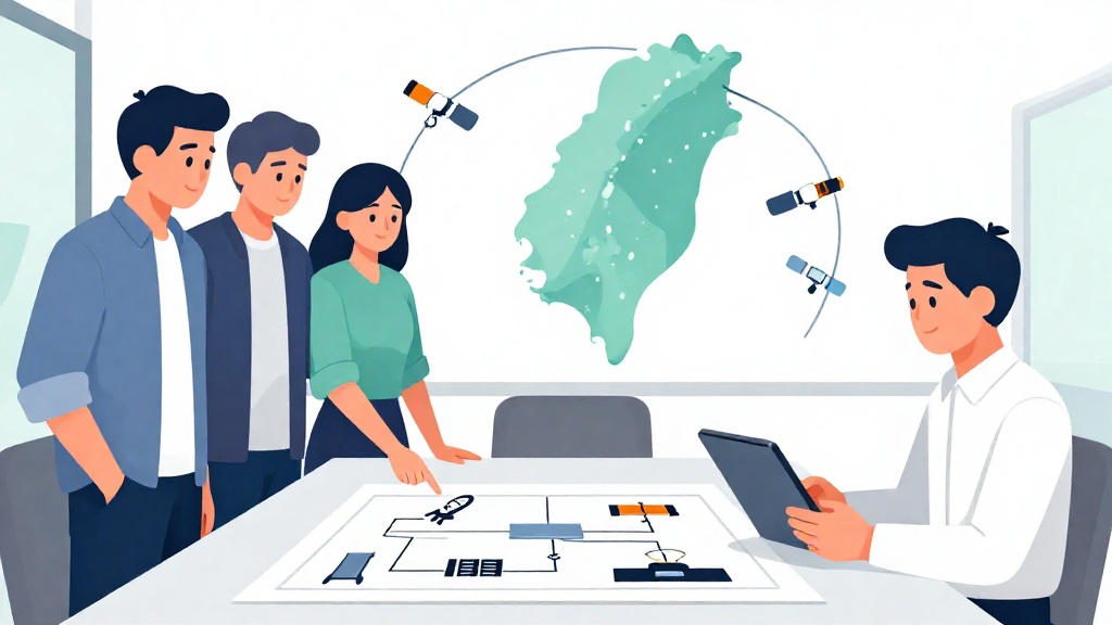 插畫顯示工程師與投資人一起在會議桌前檢視低軌衛星產業鏈流程圖，象徵技術與資本合作。