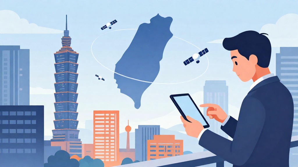 插畫呈現台北信義區高樓與衛星軌道疊圖，象徵台灣連結低軌衛星通訊產業。