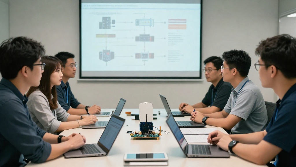 台灣工程團隊在會議室檢視低軌衛星零組件與供應鏈布局的簡報畫面