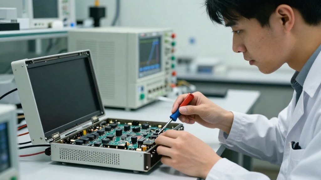 工程師在實驗室中調整低軌衛星用戶終端的相位陣列天線與電路板配置