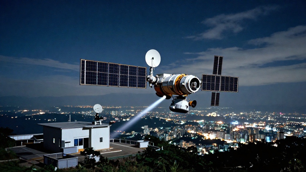 低軌衛星繞行地球軌道並與台灣地面站通訊的情境示意,展示衛星本體與地面設備的關係