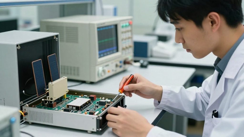 年輕工程師在台灣實驗室調整低軌衛星用戶終端樣機，背景有量測儀器與示波器螢幕。