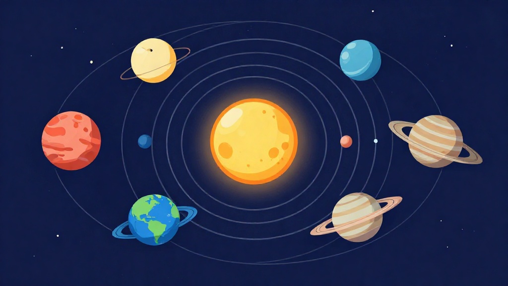 以平面視角呈現太陽在中央、八大行星依序環繞的太陽系示意插畫，強調從內行星到外行星逐漸拉遠的軌道結構。
