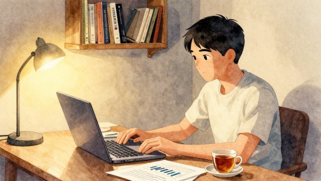 以水彩風格呈現的投資人在家中評估仲琦科技股票基本面與風險的情境畫面。