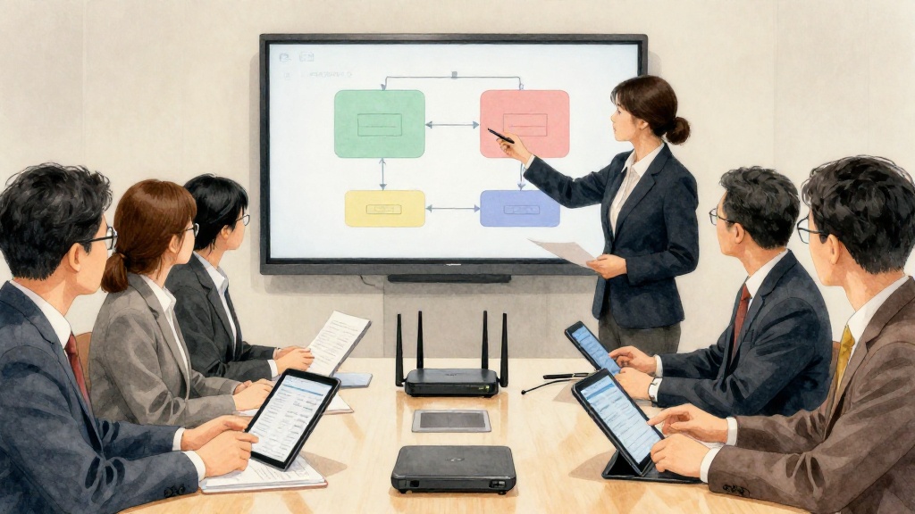 水彩風格呈現的網通集團策略會議,展示明泰與仲琦在產品與市場上的互補關係。