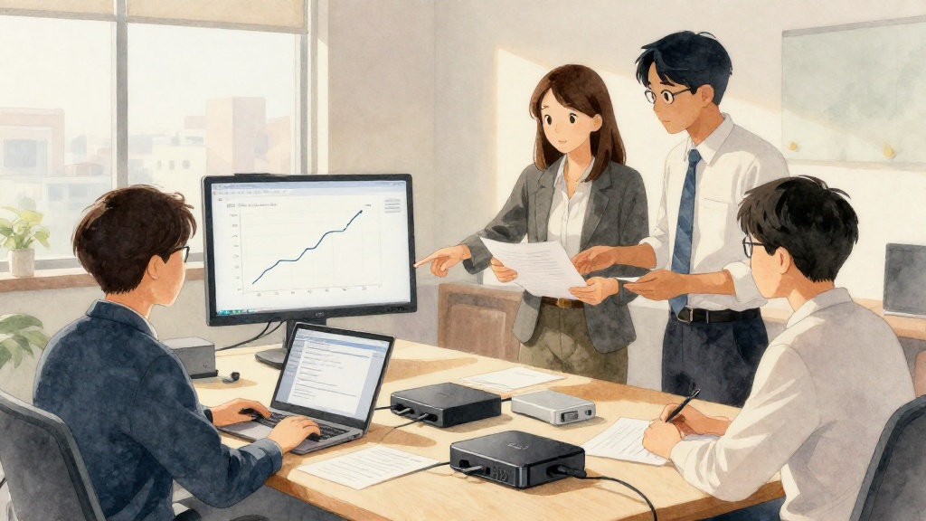 以水彩風格呈現的台灣網通公司辦公室情境,工程師團隊在會議室檢視網路設備產品規劃簡報。