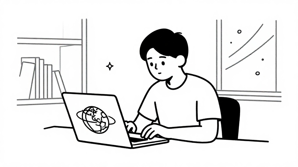 投資人透過筆電研究低軌衛星產業地圖,思考台股供應鏈布局的情境,中景線稿畫面。