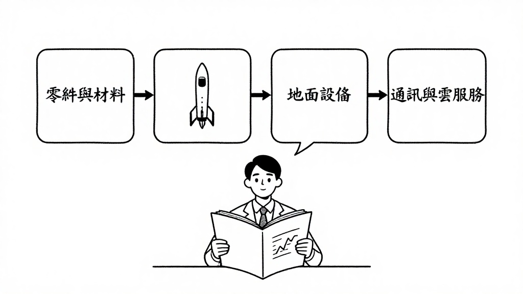 低軌衛星產業鏈四大區塊與台股供應鏈位置的流程示意,中近景線稿構圖。