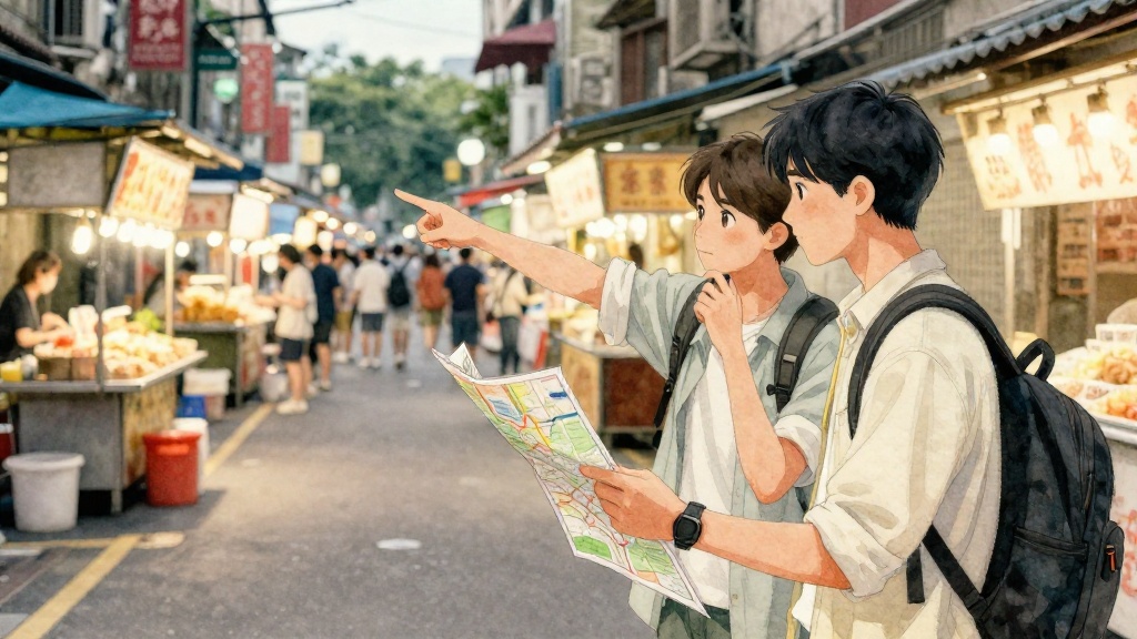 旅人站在雙城街夜市街口，看著攤位方向規劃自己的美食路線