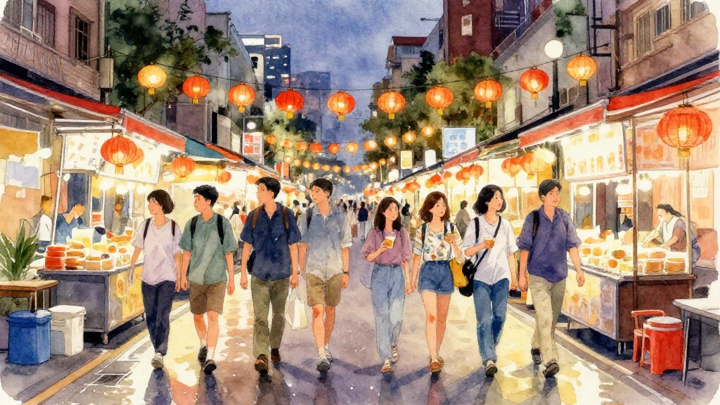 傍晚時分台北中山區雙城街夜市入口，人潮慢慢聚集、小吃攤點燈的熱鬧街景