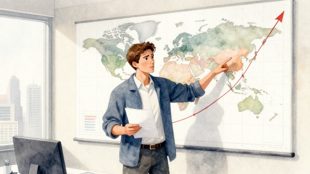 水彩呈現全球油價與經濟壓力概念，一名分析師在地圖與油價曲線前評估美伊戰爭影響。