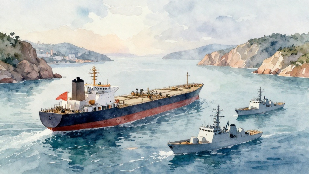 水彩描繪荷莫茲海峽一艘民用油輪在軍艦護航下通行，呈現海上封鎖下緊繃的軍民船隻互動。