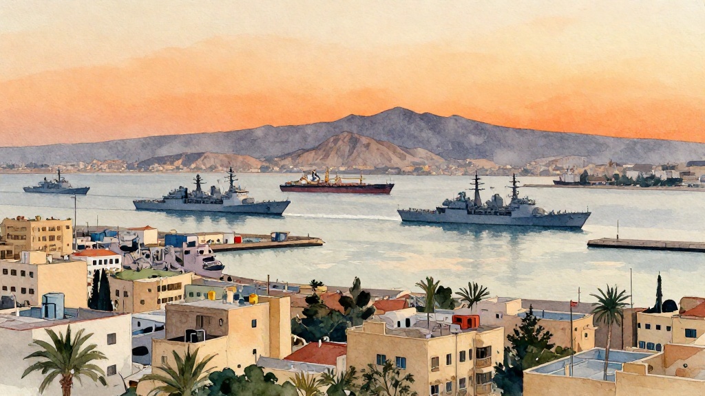水彩風格描繪波斯灣沿岸城市夜景，遠處軍艦與油輪對峙，象徵美伊戰爭下緊張的區域情勢。