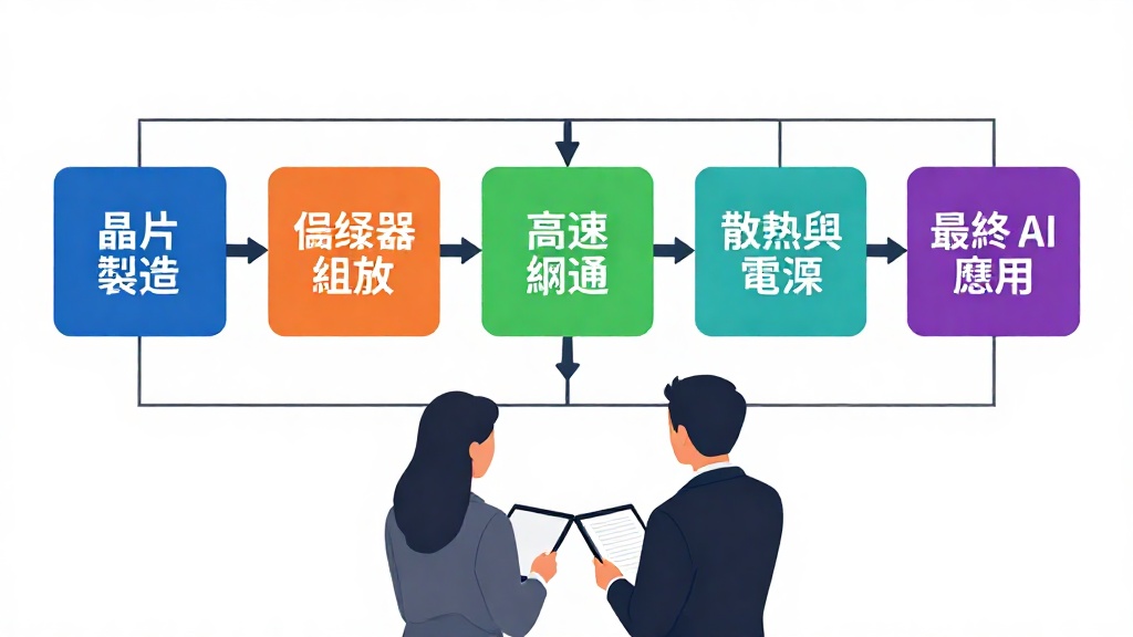 以流程方式呈現從 AI 晶片、伺服器到散熱電源等台灣供應鏈環節的關聯示意