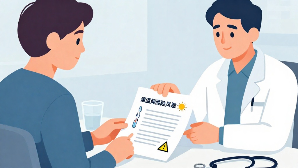 醫療人員與病人共同查看藥物清單及高溫風險流程，協助辨識脫水、低血壓與散熱困難的警訊。