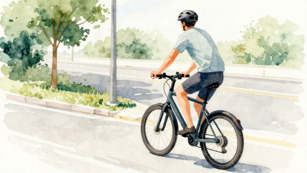 騎士在城市道路上騎乘電動輔助自行車，透過把手控制器切換不同輔助段位